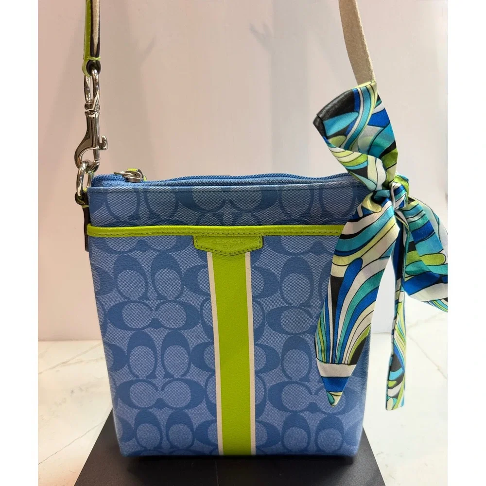 Coach Signature Blue Monogram Crossbody Bag Lime Green Stripe
